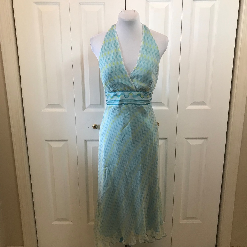 Laundry Shelli Segal Bias Halter Dress Teal Yellow - Picture 5 of 7